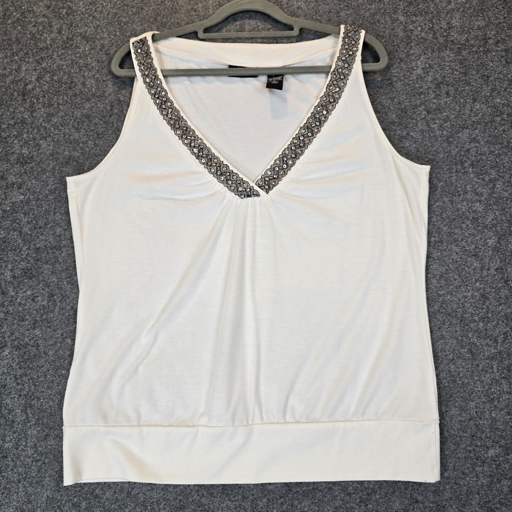 New York & Company Tank Top Womens Large White Stretch Beaded Detail Outdoor